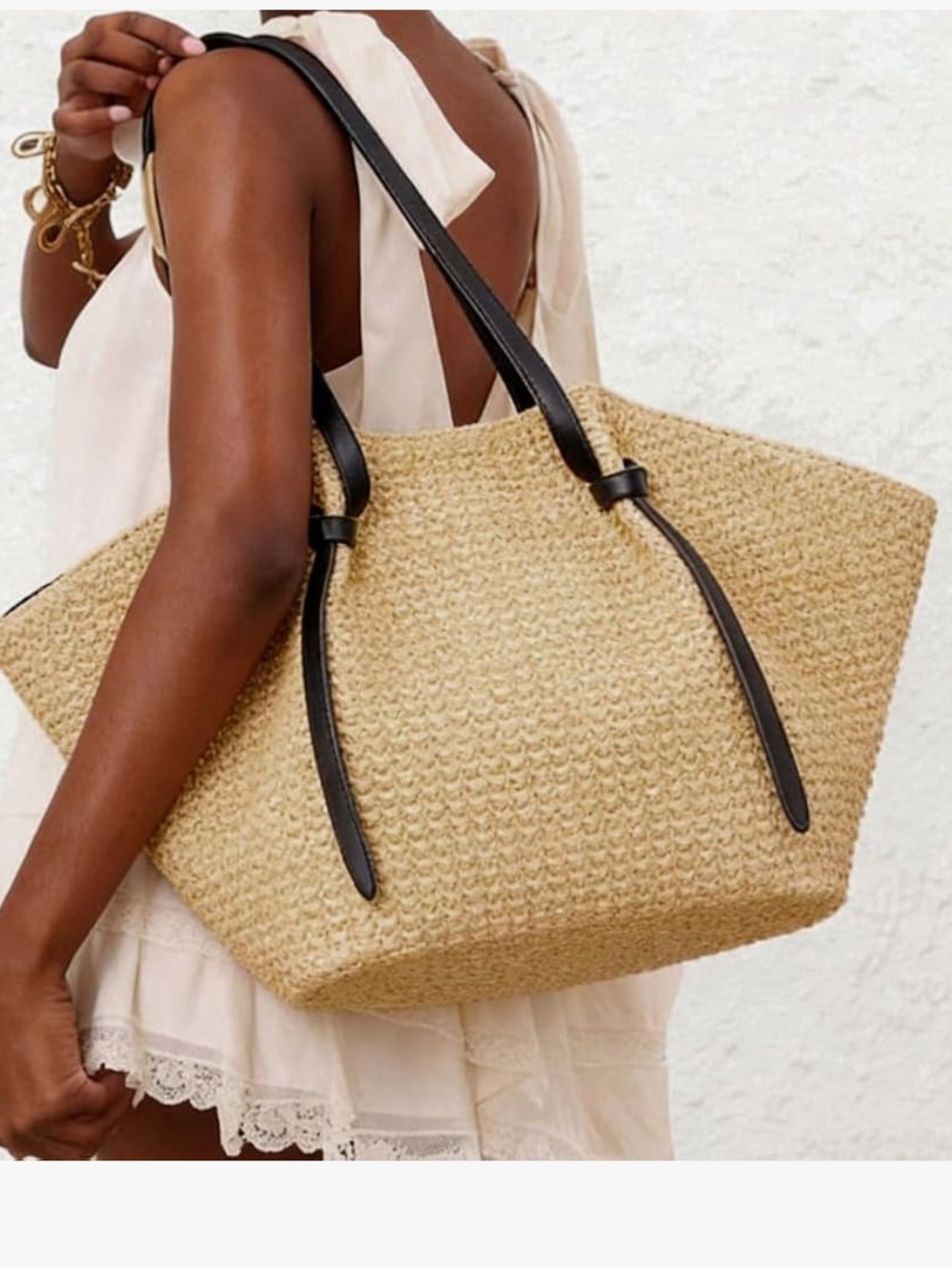 Woven Straw Tote Bag with Black Trim - Picture 2 of 11